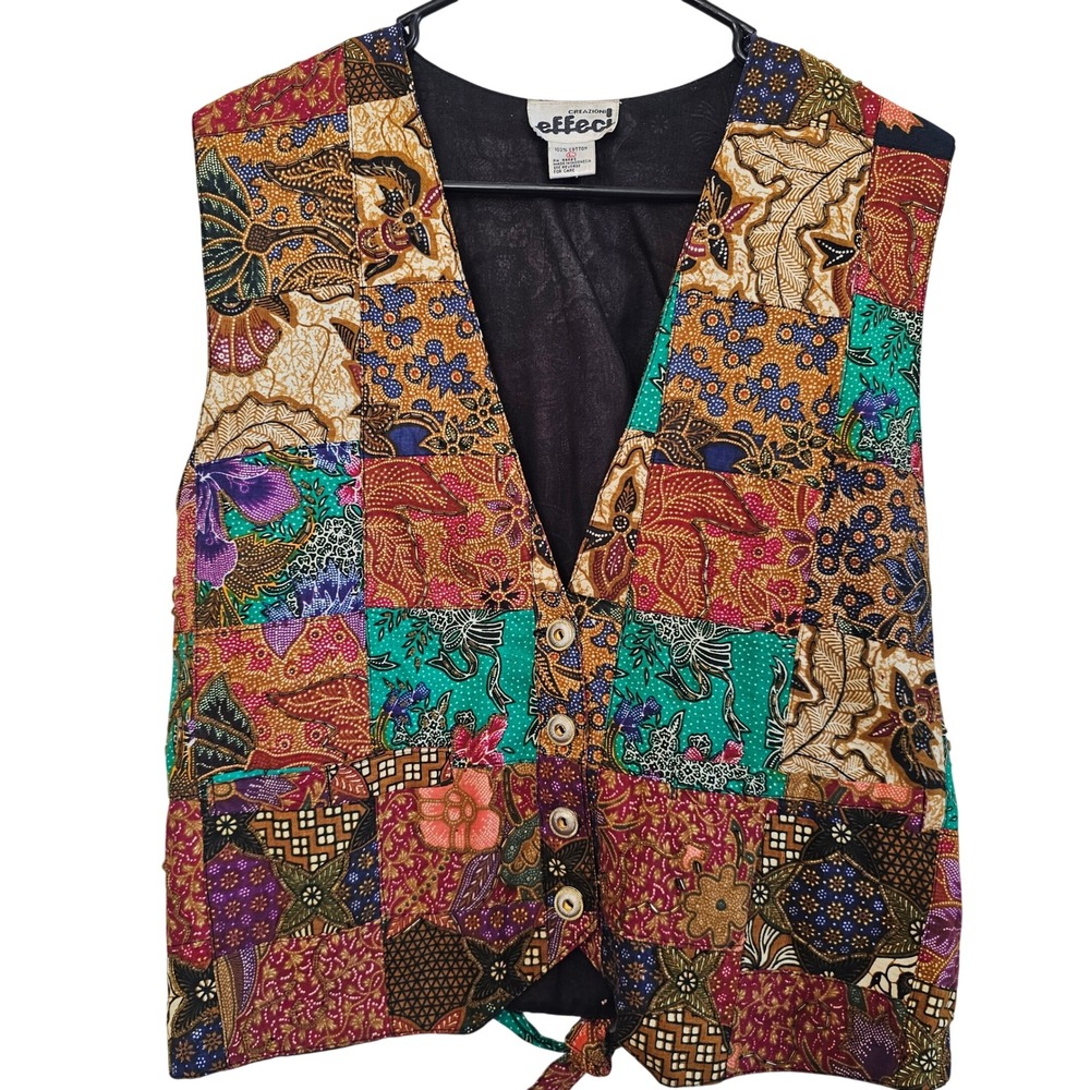 Vintage Creazioni Effeci‎ Batik Patchwork Vest Cotton Multicolor Button Front L